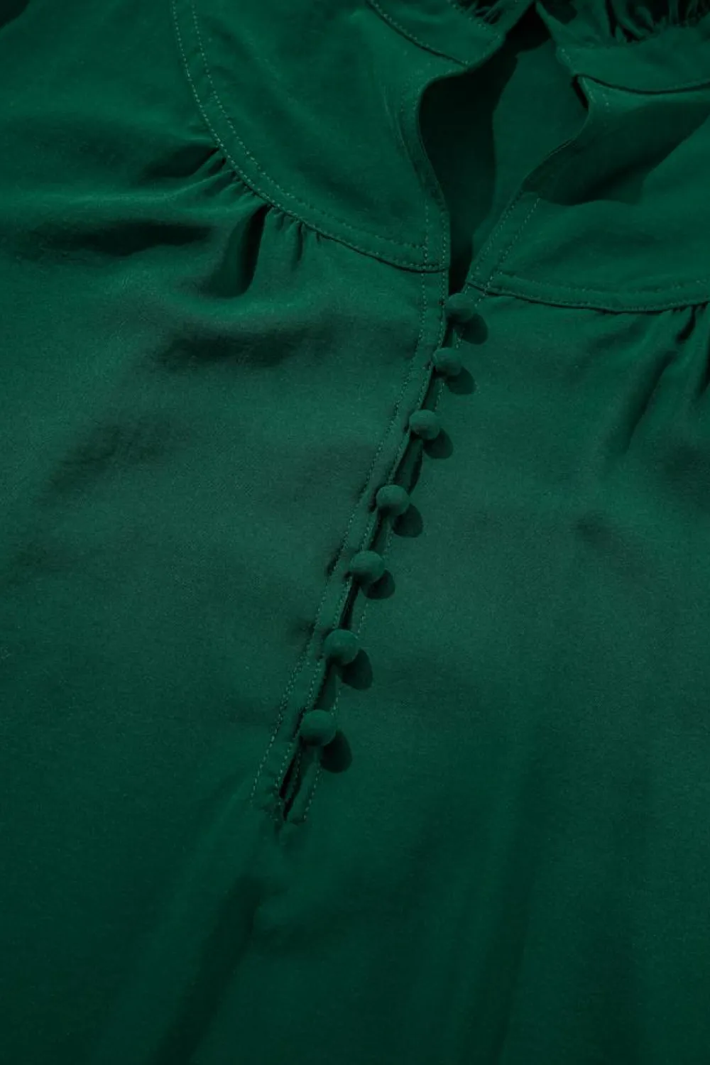 Clearance Dear-Lover Solid Puff Sleeve Frilled Trim Elegant Blouse Blackish Green