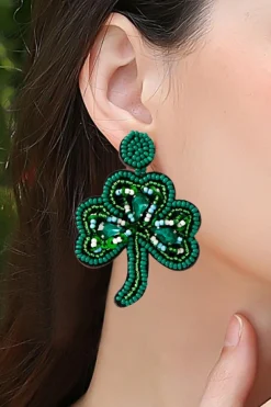 Online Dear-Lover St Patrick Shamrock Rice Beaded Stud Earrings Blackish Green