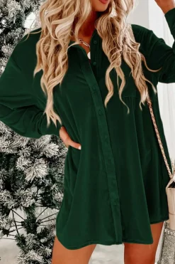 Hot Dear-Lover Velvet Button Front Shirt Mini Dress Blackish Green