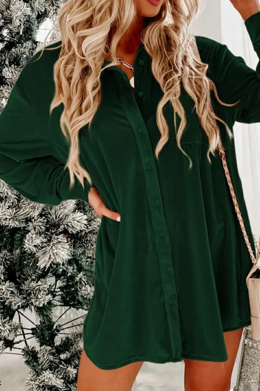 Hot Dear-Lover Velvet Button Front Shirt Mini Dress Blackish Green