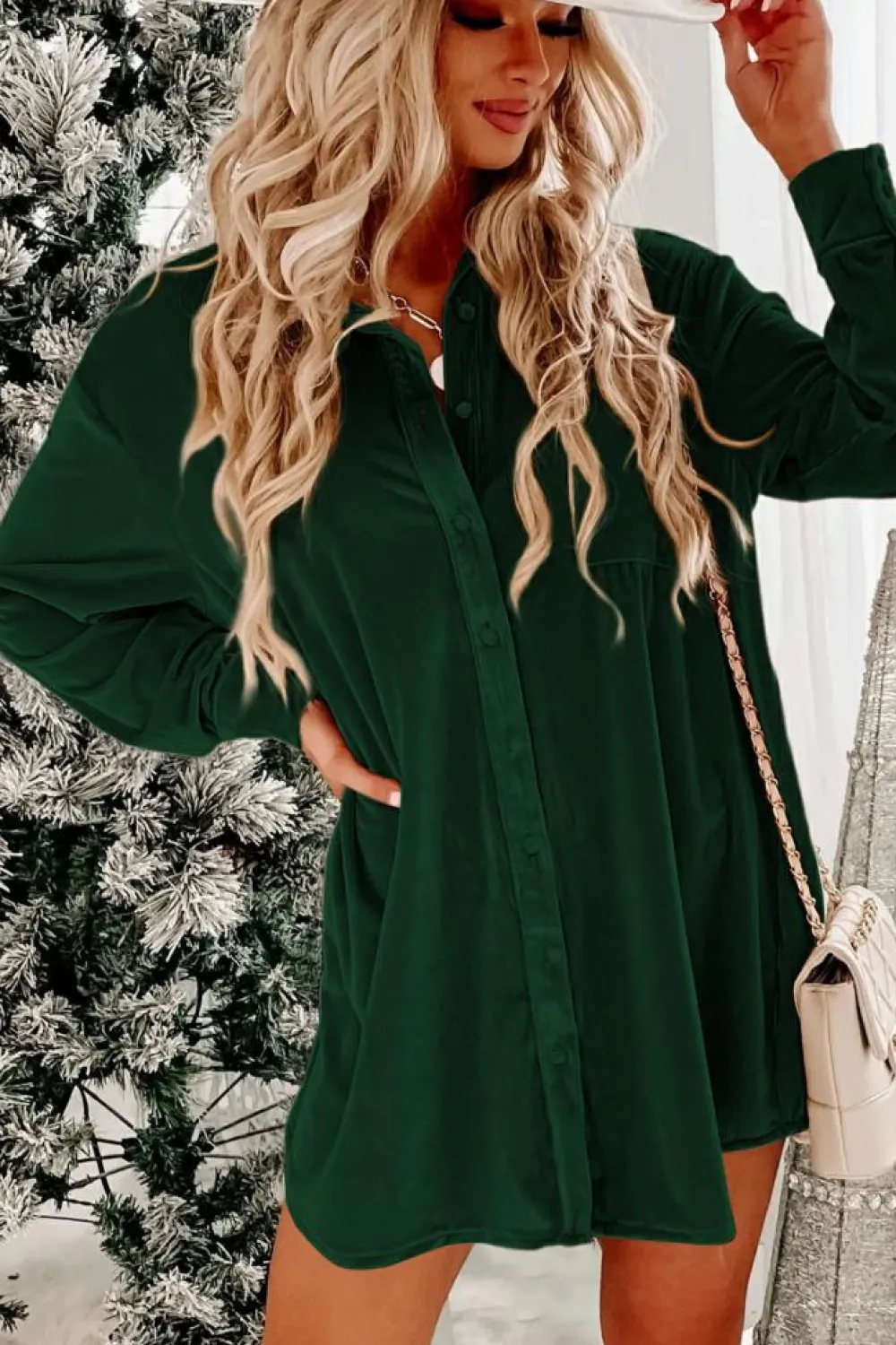 Hot Dear-Lover Velvet Button Front Shirt Mini Dress Blackish Green