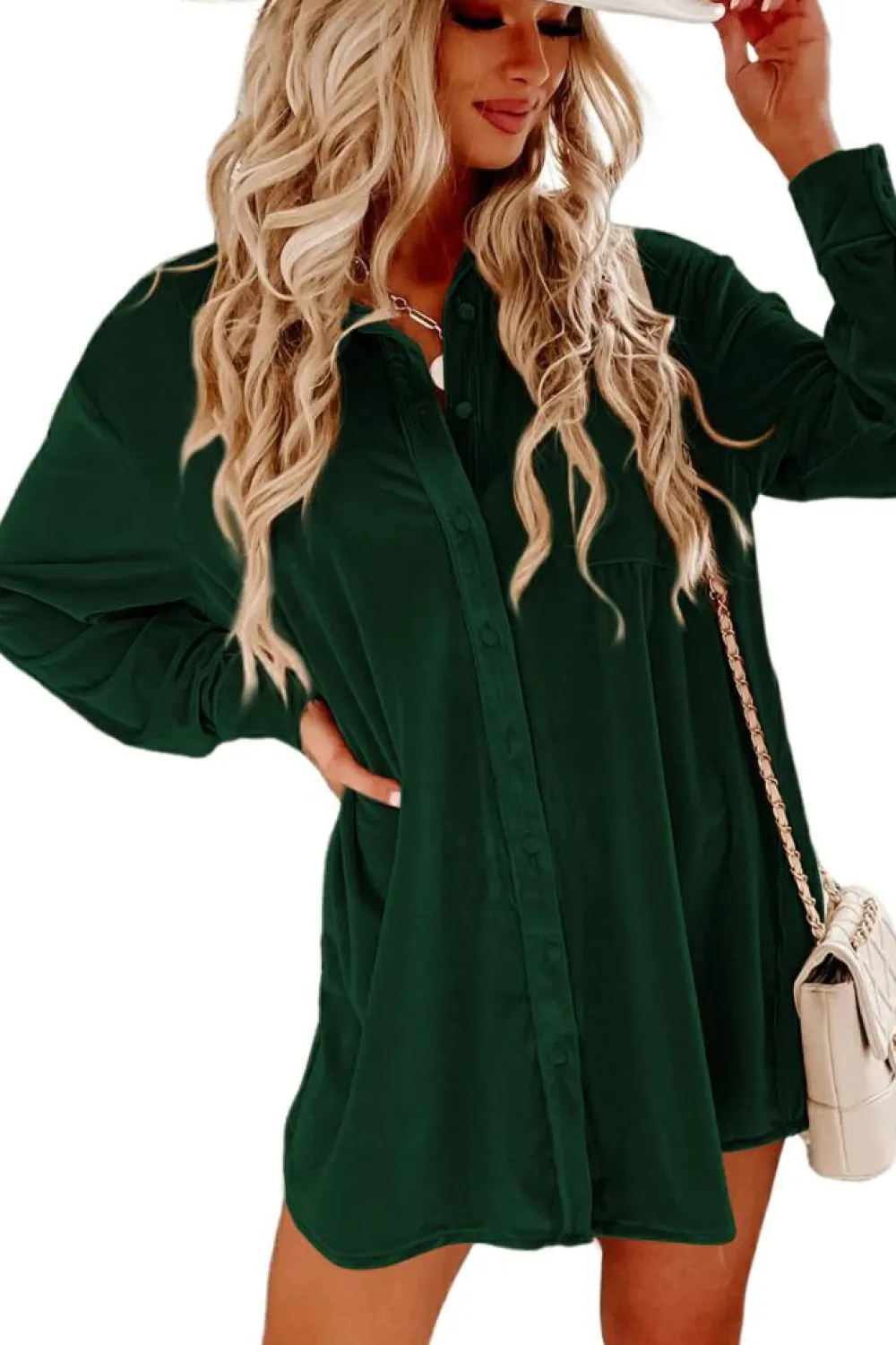 Hot Dear-Lover Velvet Button Front Shirt Mini Dress Blackish Green