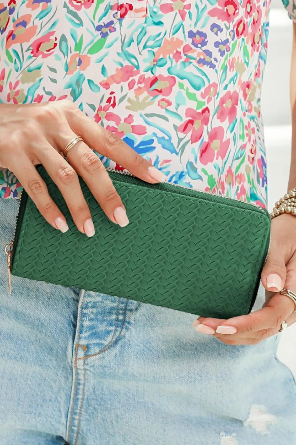 Best Dear-Lover Woven Textured Zip Around Long Wallet Blackish Green