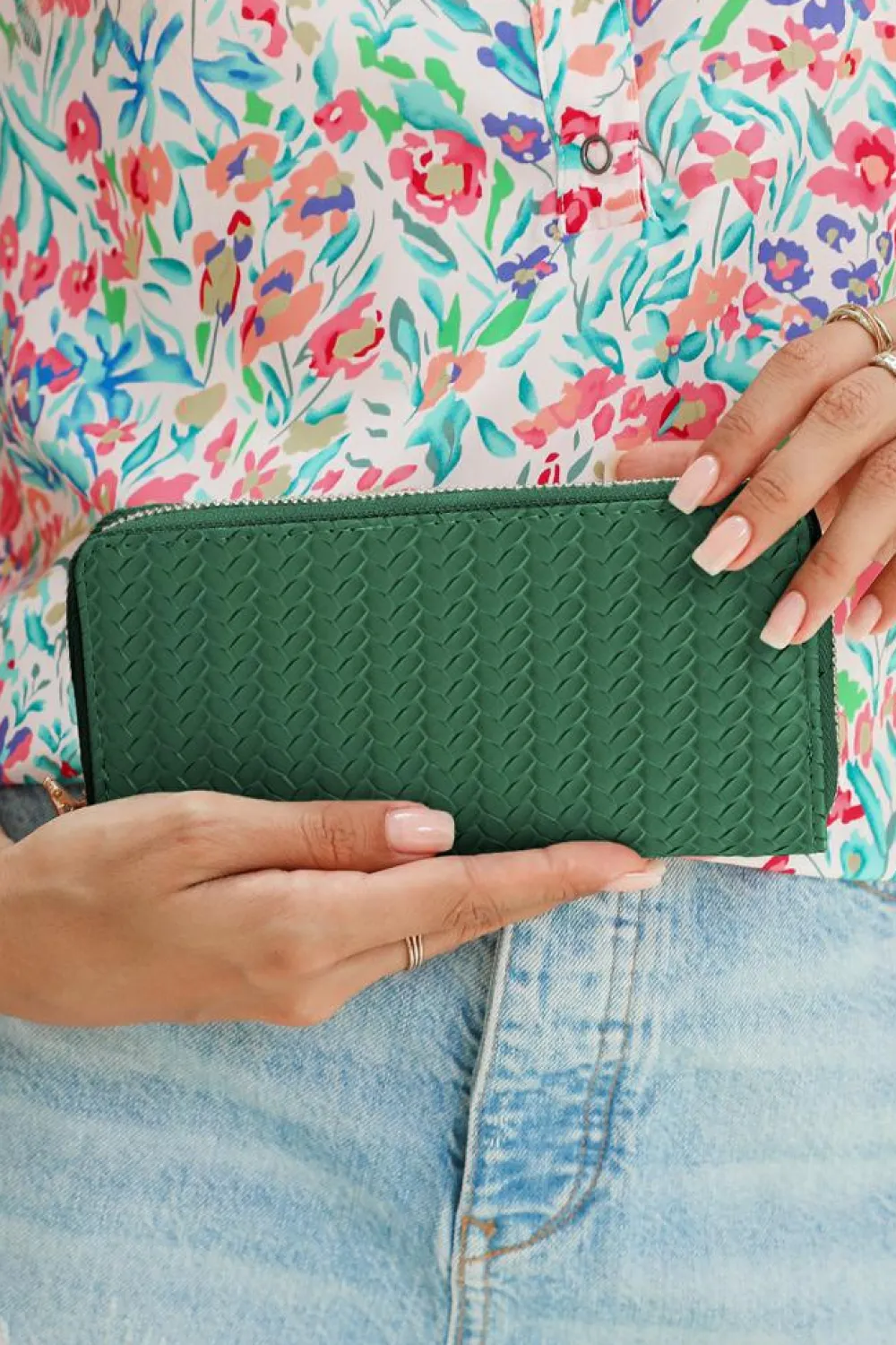 Best Dear-Lover Woven Textured Zip Around Long Wallet Blackish Green
