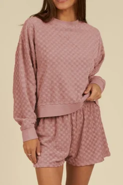 Discount Dear-Lover Checkered Textured Long Sleeve Top and Shorts Set Blossom