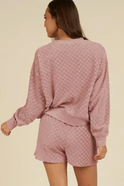 Discount Dear-Lover Checkered Textured Long Sleeve Top and Shorts Set Blossom