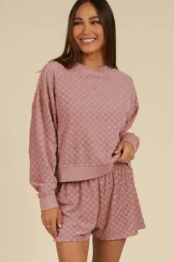 Discount Dear-Lover Checkered Textured Long Sleeve Top and Shorts Set Blossom