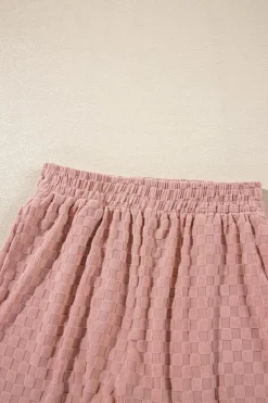Discount Dear-Lover Checkered Textured Long Sleeve Top and Shorts Set Blossom
