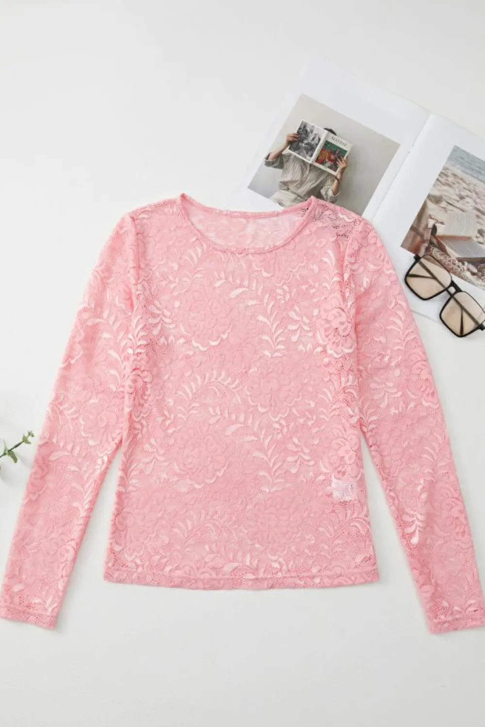 Best Dear-Lover Floral Lace Sheer Long Sleeve Top Blossom