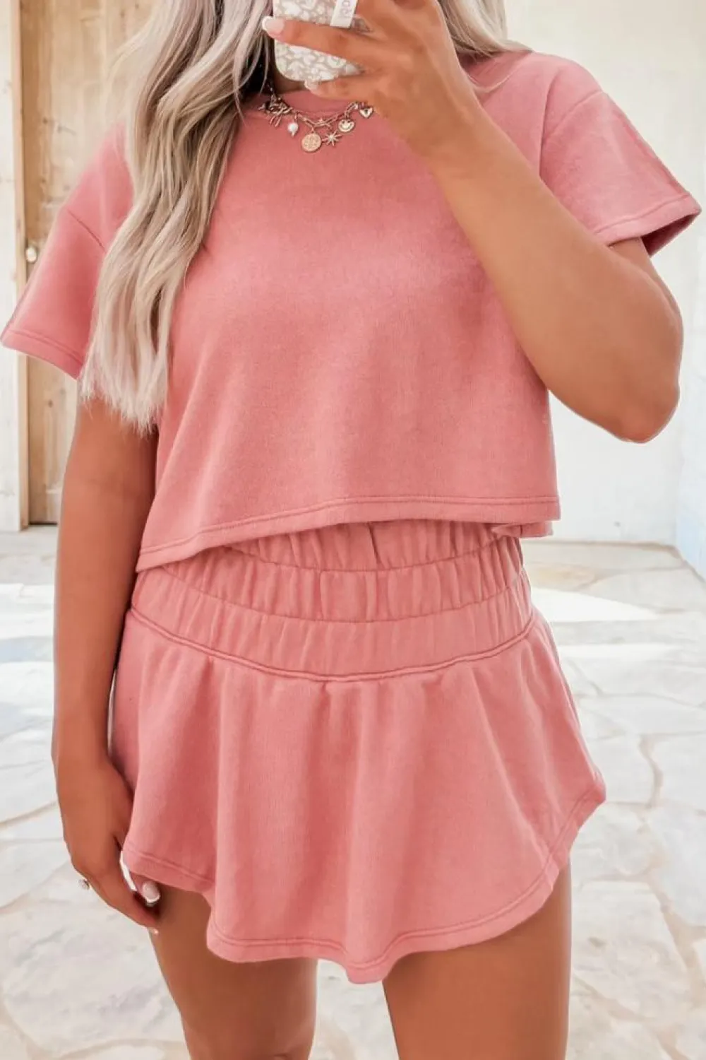 Sale Dear-Lover 2pcs Cropped Tee and Ruffle High Waist Skort Set Blossom