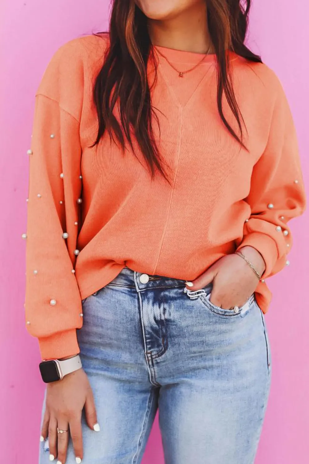 Outlet Dear-Lover Pearled Sleeves Drop Shoulder Round Neck Pullover Sweatshirt Blossom