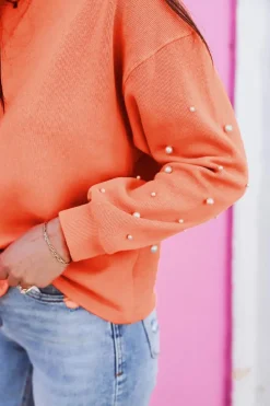 Outlet Dear-Lover Pearled Sleeves Drop Shoulder Round Neck Pullover Sweatshirt Blossom