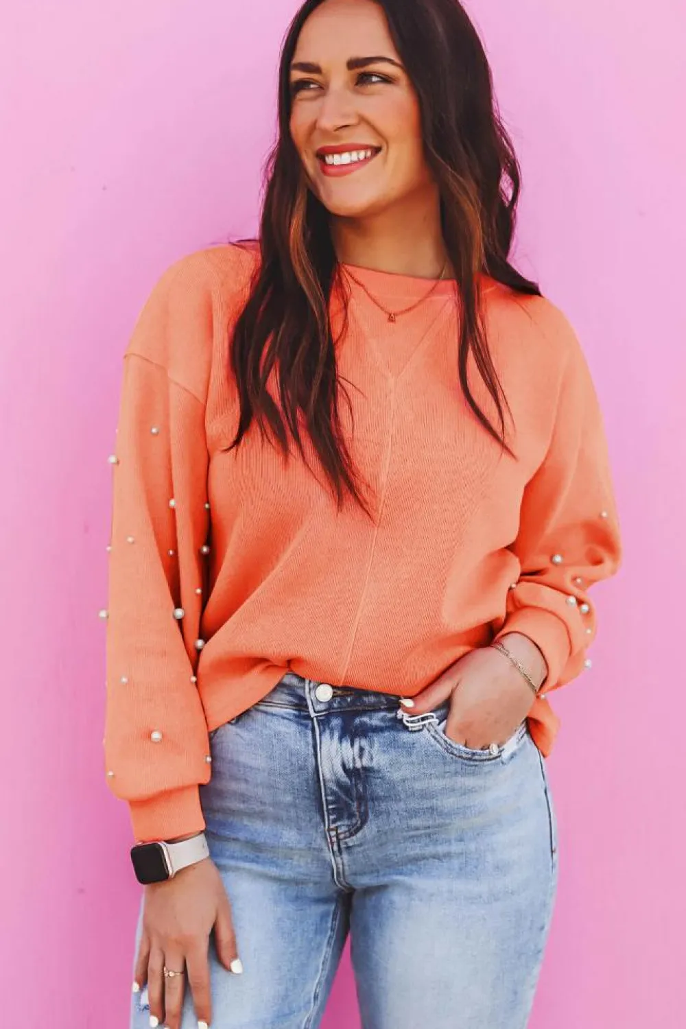 Outlet Dear-Lover Pearled Sleeves Drop Shoulder Round Neck Pullover Sweatshirt Blossom