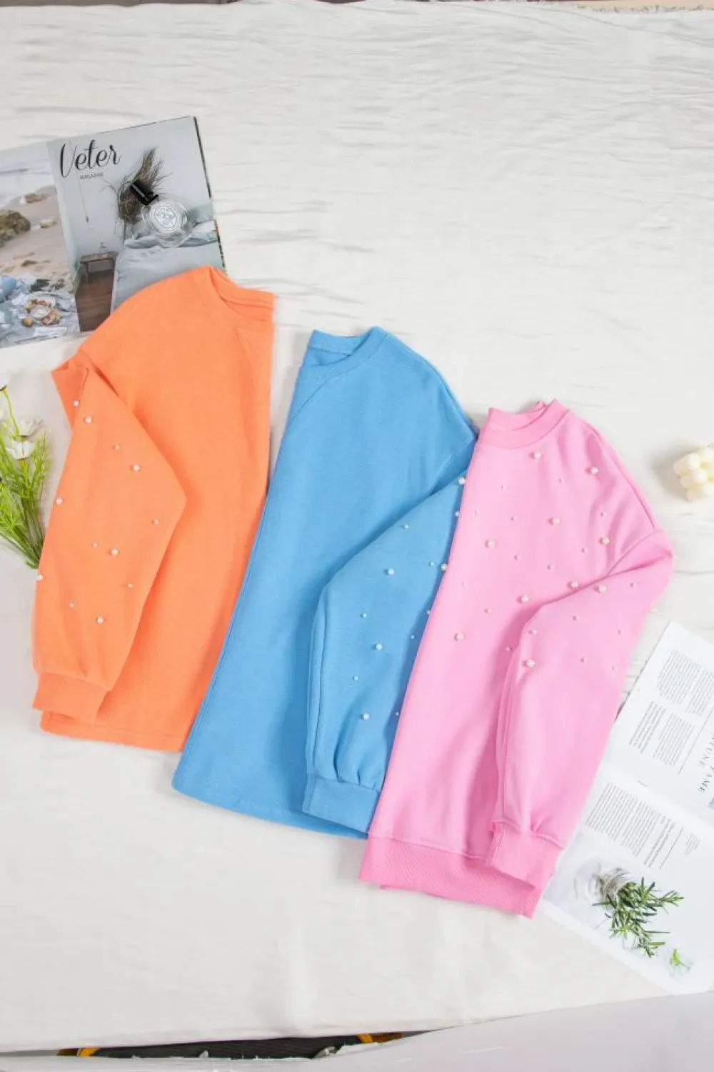 Outlet Dear-Lover Pearled Sleeves Drop Shoulder Round Neck Pullover Sweatshirt Blossom