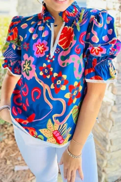 Hot Dear-Lover Abstract Print Frilled Collar Ruffled Puff Short Sleeve Top Blue