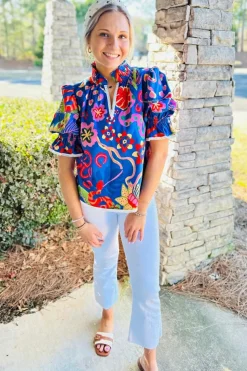 Hot Dear-Lover Abstract Print Frilled Collar Ruffled Puff Short Sleeve Top Blue