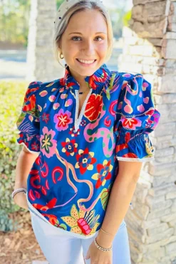 Hot Dear-Lover Abstract Print Frilled Collar Ruffled Puff Short Sleeve Top Blue