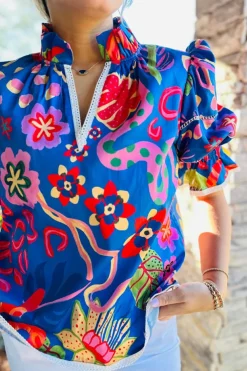 Hot Dear-Lover Abstract Print Frilled Collar Ruffled Puff Short Sleeve Top Blue