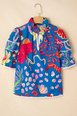 Hot Dear-Lover Abstract Print Frilled Collar Ruffled Puff Short Sleeve Top Blue