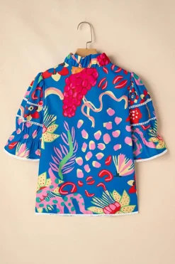 Hot Dear-Lover Abstract Print Frilled Collar Ruffled Puff Short Sleeve Top Blue