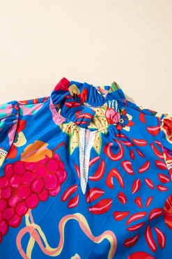 Hot Dear-Lover Abstract Print Frilled Collar Ruffled Puff Short Sleeve Top Blue