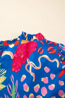 Hot Dear-Lover Abstract Print Frilled Collar Ruffled Puff Short Sleeve Top Blue