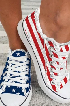 New Dear-Lover American Flag Lace-up Canvas Flat Shoes Blue