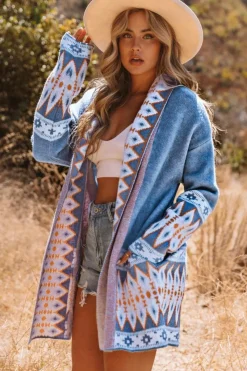 Fashion Dear-Lover Aztec Print Open Front Knitted Cardigan Blue