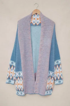 Fashion Dear-Lover Aztec Print Open Front Knitted Cardigan Blue