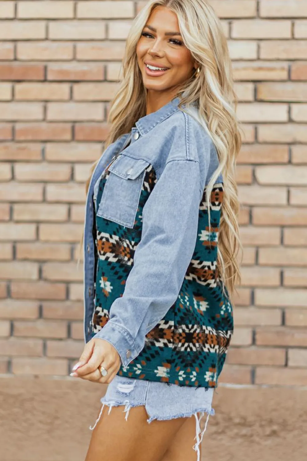 Outlet Dear-Lover Aztec Printed Denim Jacket Blue