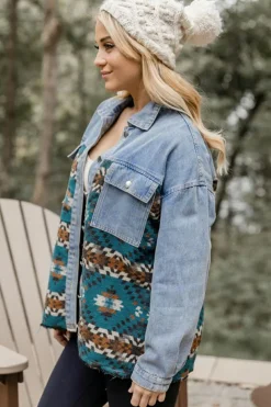 Outlet Dear-Lover Aztec Printed Denim Jacket Blue