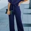 New Dear-Lover Belted Wide Leg Jumpsuit Blue