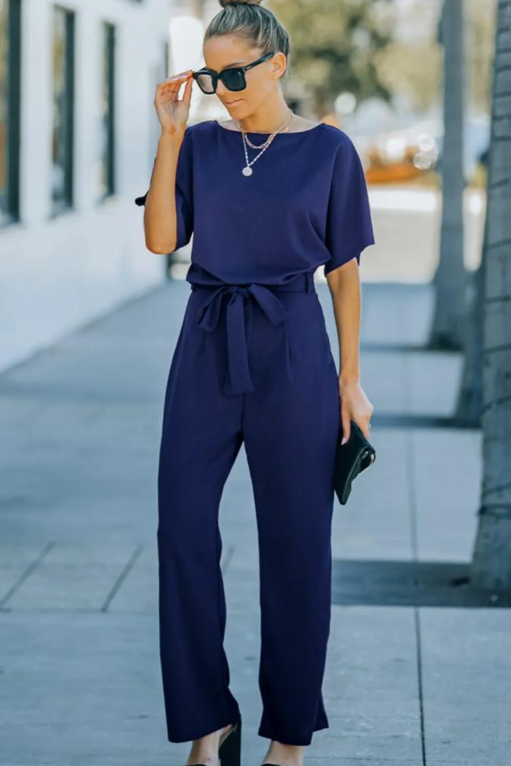 New Dear-Lover Belted Wide Leg Jumpsuit Blue