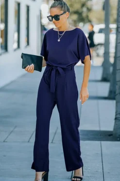 New Dear-Lover Belted Wide Leg Jumpsuit Blue