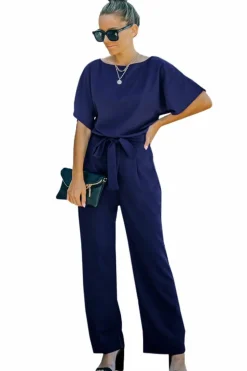 New Dear-Lover Belted Wide Leg Jumpsuit Blue