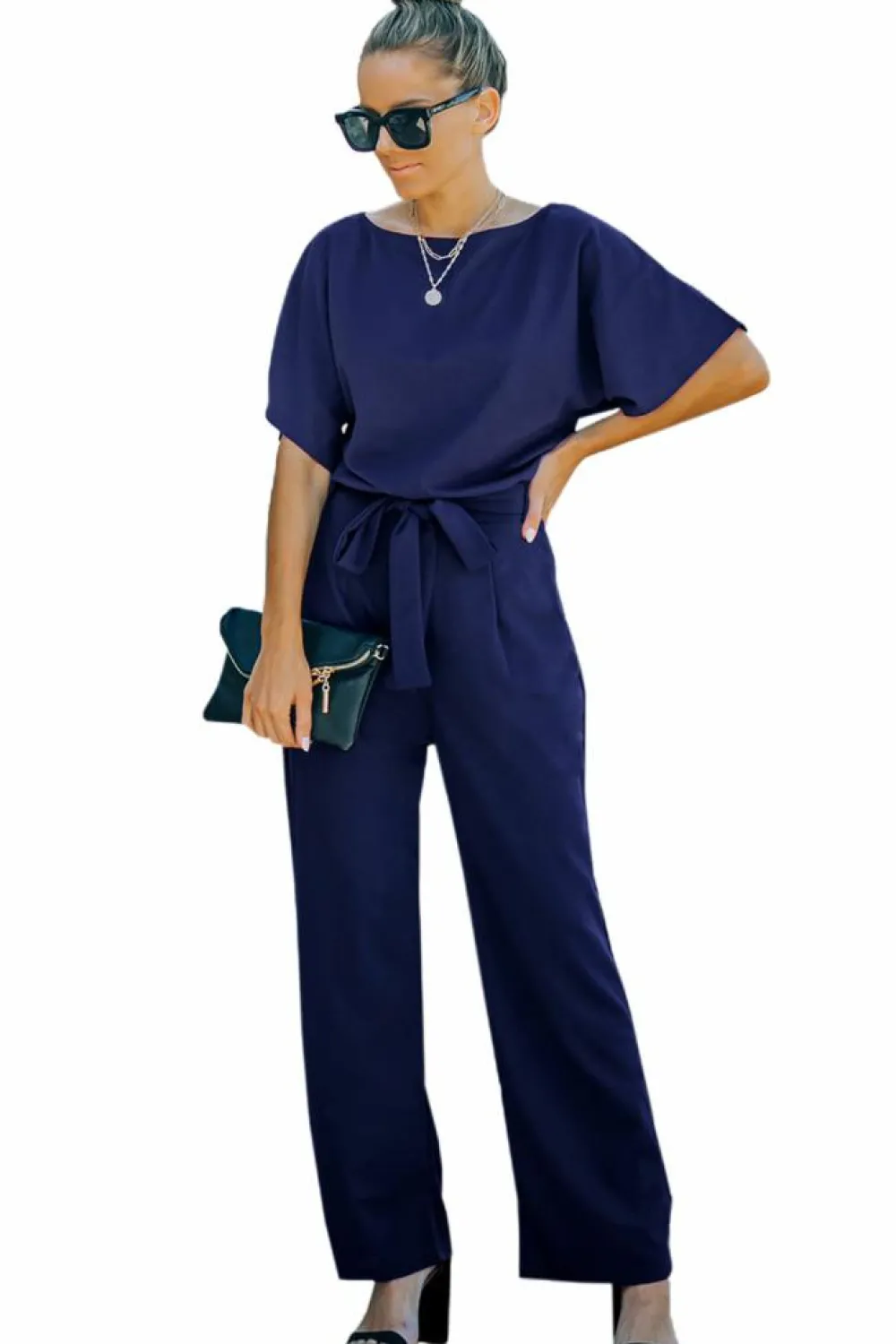 New Dear-Lover Belted Wide Leg Jumpsuit Blue