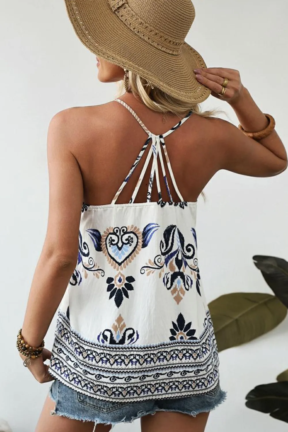 Clearance Dear-Lover Bohemian Fashion Print Spaghetti Straps Loose Tank Blue