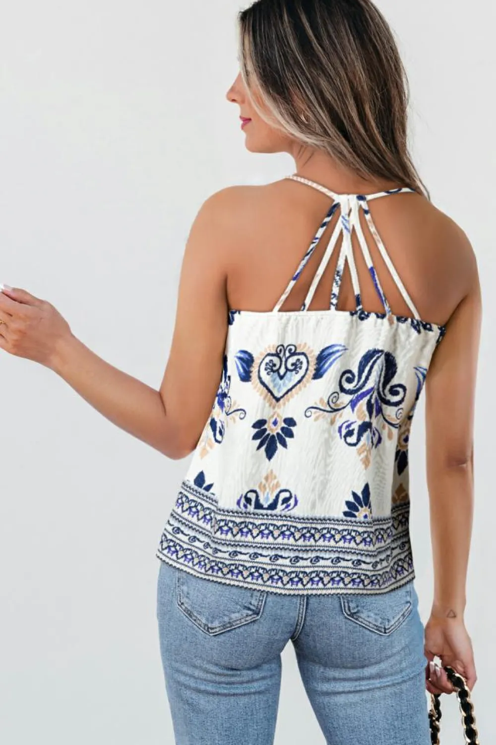 Clearance Dear-Lover Bohemian Fashion Print Spaghetti Straps Loose Tank Blue