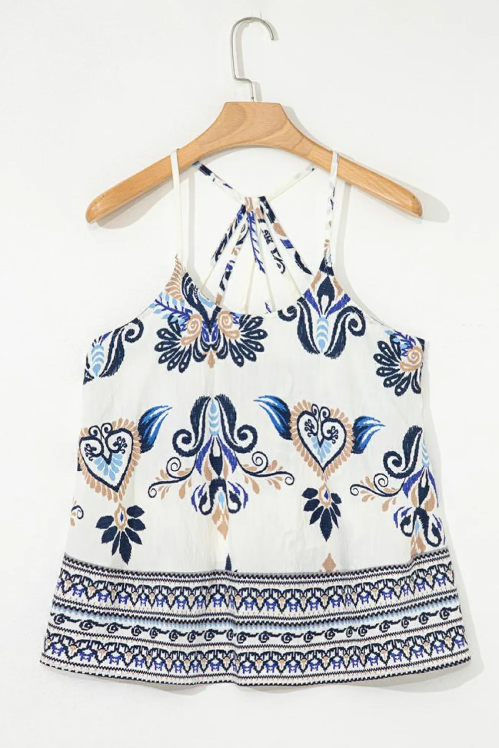 Clearance Dear-Lover Bohemian Fashion Print Spaghetti Straps Loose Tank Blue