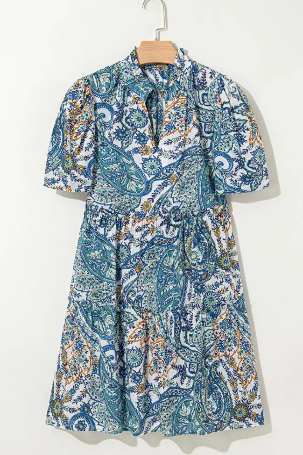 Best Dear-Lover Bohemian Paisley Floral V Neck Short Sleeve Mini Dress Blue