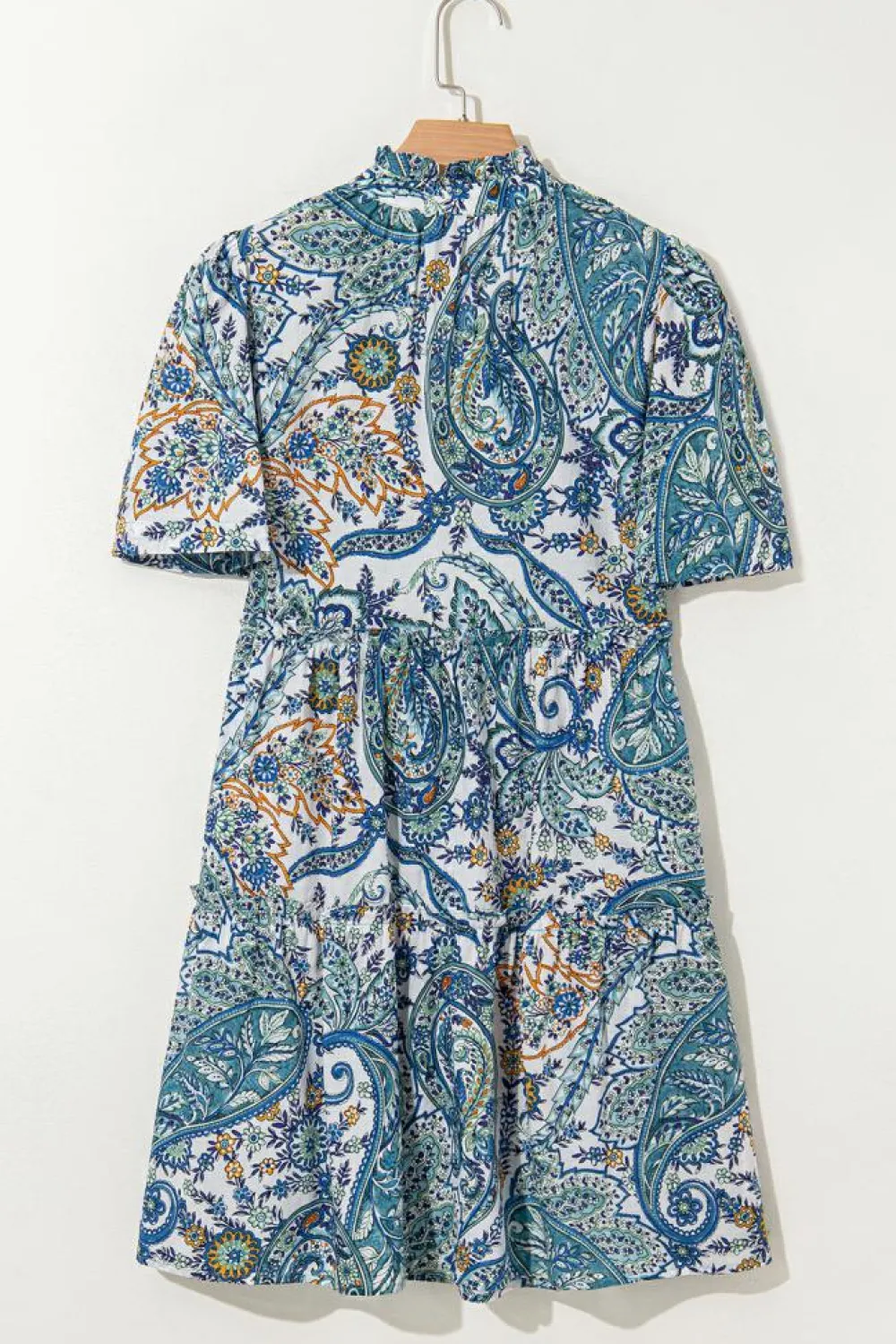 Best Dear-Lover Bohemian Paisley Floral V Neck Short Sleeve Mini Dress Blue