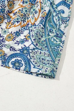 Best Dear-Lover Bohemian Paisley Floral V Neck Short Sleeve Mini Dress Blue