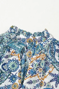 Best Dear-Lover Bohemian Paisley Floral V Neck Short Sleeve Mini Dress Blue
