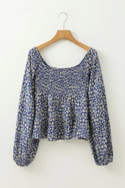 Discount Dear-Lover Boho Floral Print Smocked Square Neck Loose Fit Blouse Blue