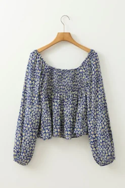 Discount Dear-Lover Boho Floral Print Smocked Square Neck Loose Fit Blouse Blue
