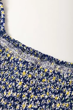 Discount Dear-Lover Boho Floral Print Smocked Square Neck Loose Fit Blouse Blue