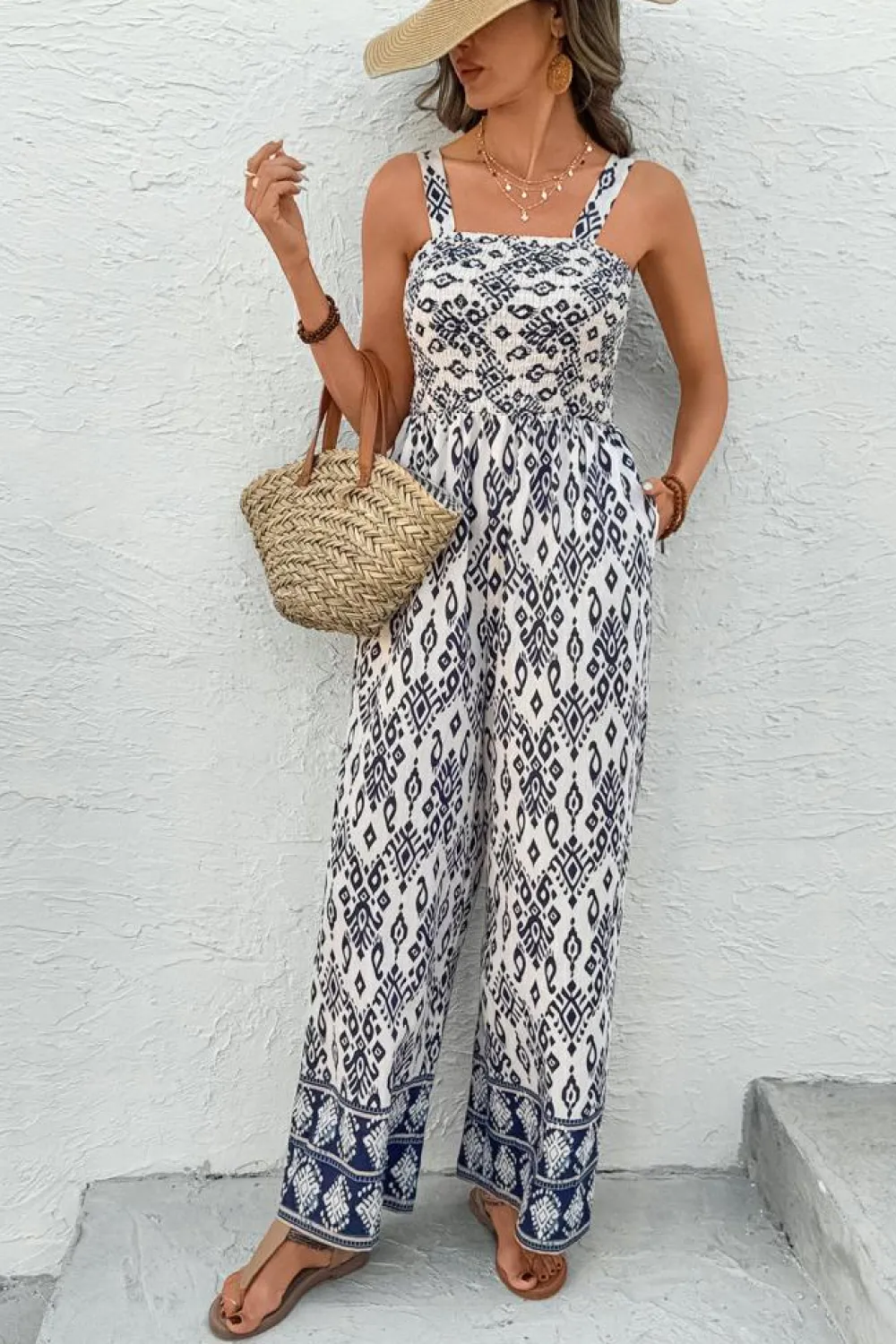 Fashion Dear-Lover Boho Geometric Print Shirred High Waist Wide Leg Jumpsuit Blue