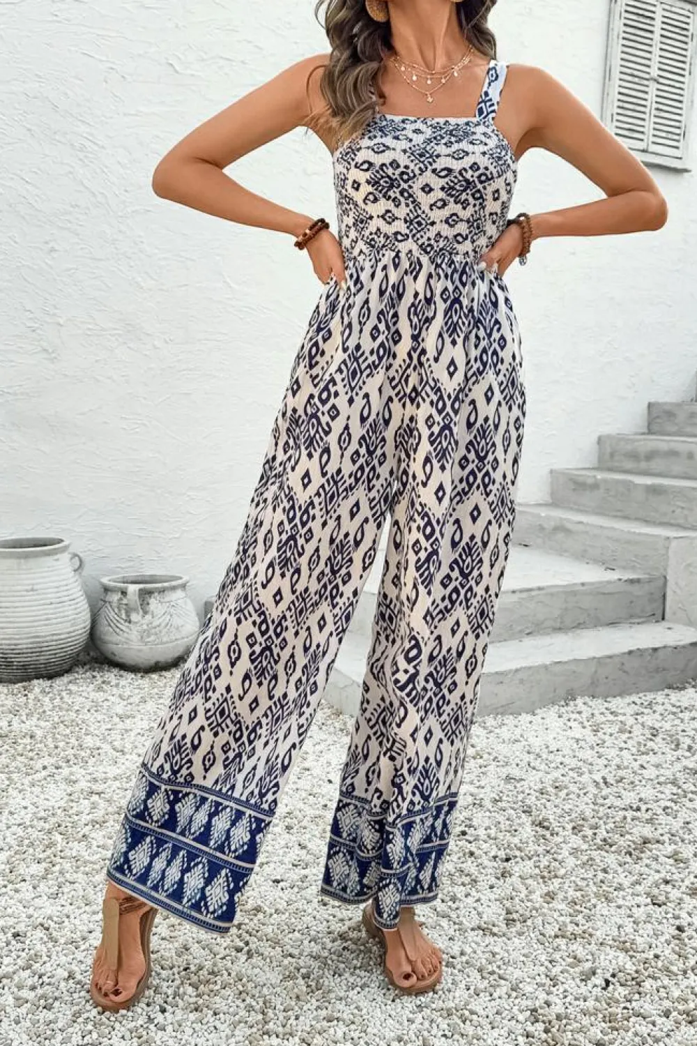 Fashion Dear-Lover Boho Geometric Print Shirred High Waist Wide Leg Jumpsuit Blue