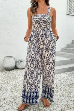 Fashion Dear-Lover Boho Geometric Print Shirred High Waist Wide Leg Jumpsuit Blue