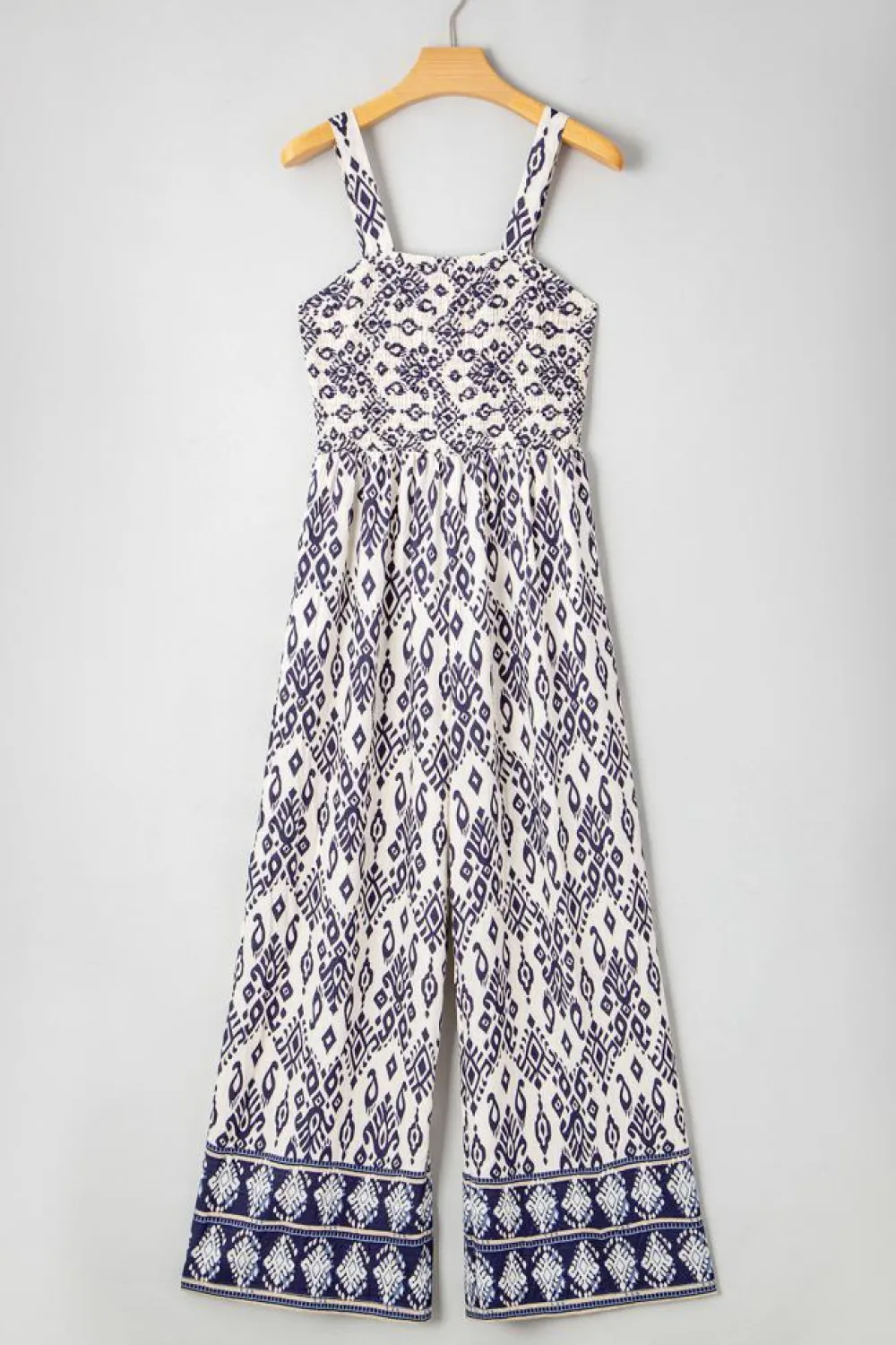 Fashion Dear-Lover Boho Geometric Print Shirred High Waist Wide Leg Jumpsuit Blue